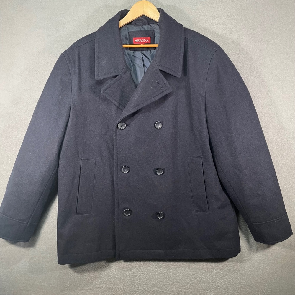 Merona XXL Black‎ Wool Blend Peacoat Mens Double Breasted Coat